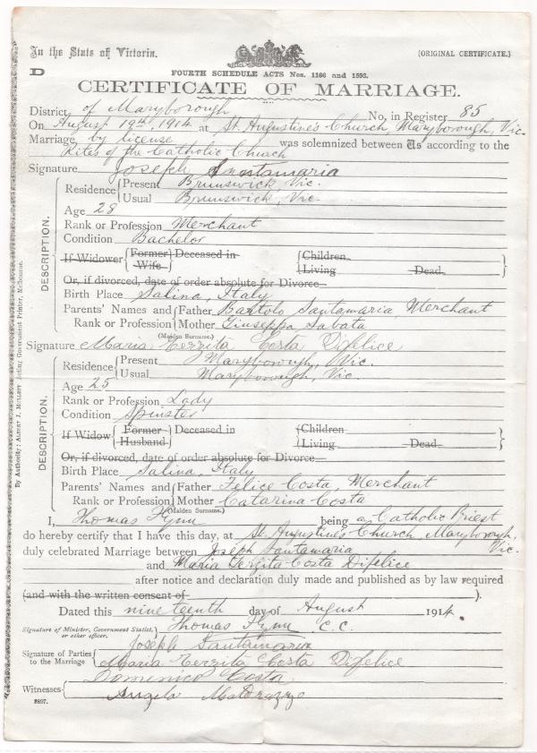 Giuseppe Santamaria Maria Terzita Costa Marriage Certificate.jpg