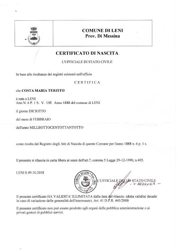 Maria Terzita Costa Birth Certificate Italy